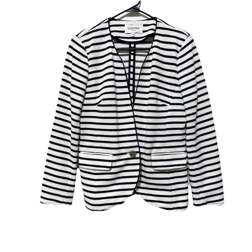 Elizabeth McKay Size 14 Navy White Stripe Blazer Gold Button Knit Jacket